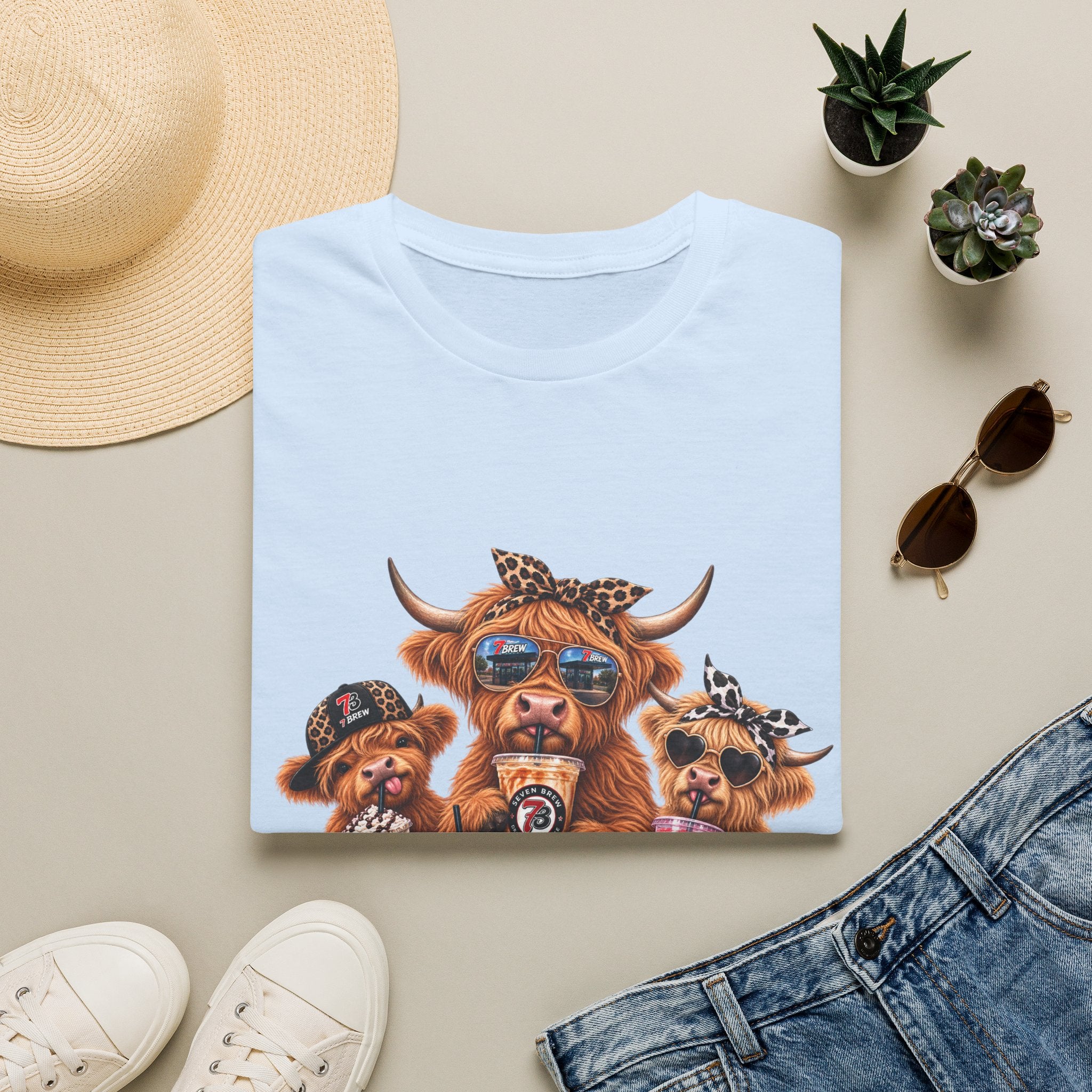Cow Trio Graphic T-Shirt — Cute Highland Cow Family with Sunglasses & Bandanas