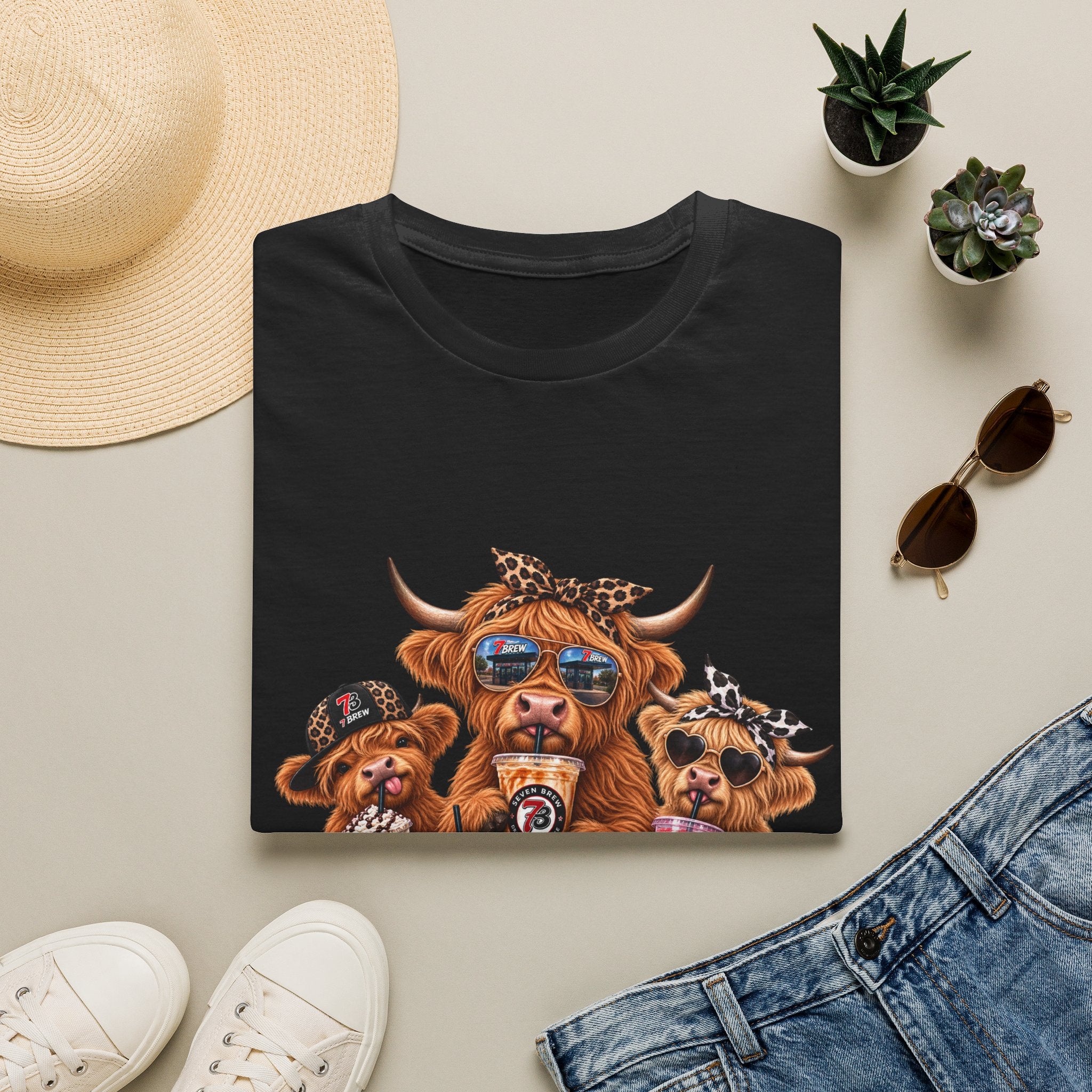 Cow Trio Graphic T-Shirt — Cute Highland Cow Family with Sunglasses & Bandanas