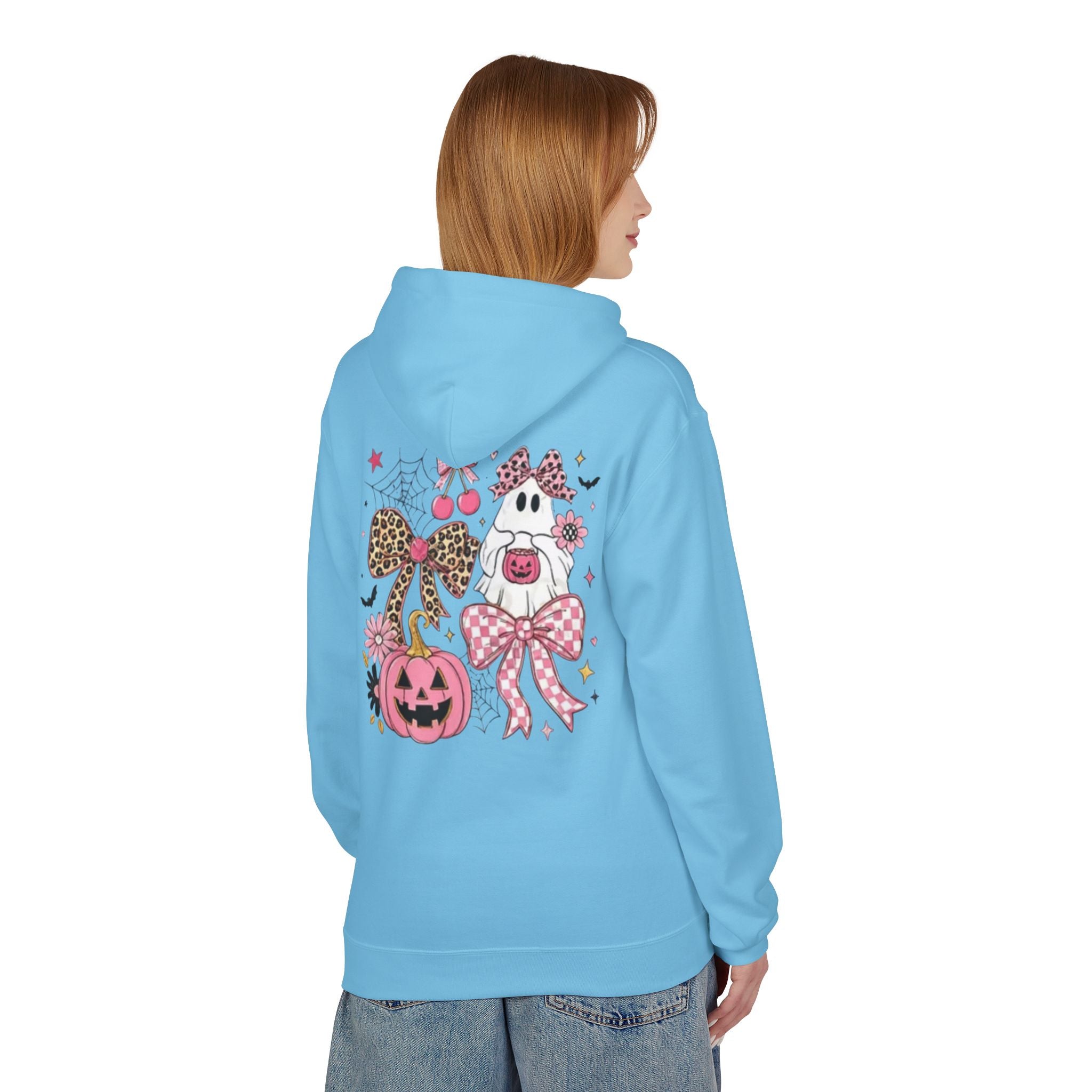 Pink Halloween Ghost Hoodie — Cute Pumpkin, Leopard Bow & Spiderweb Graphic