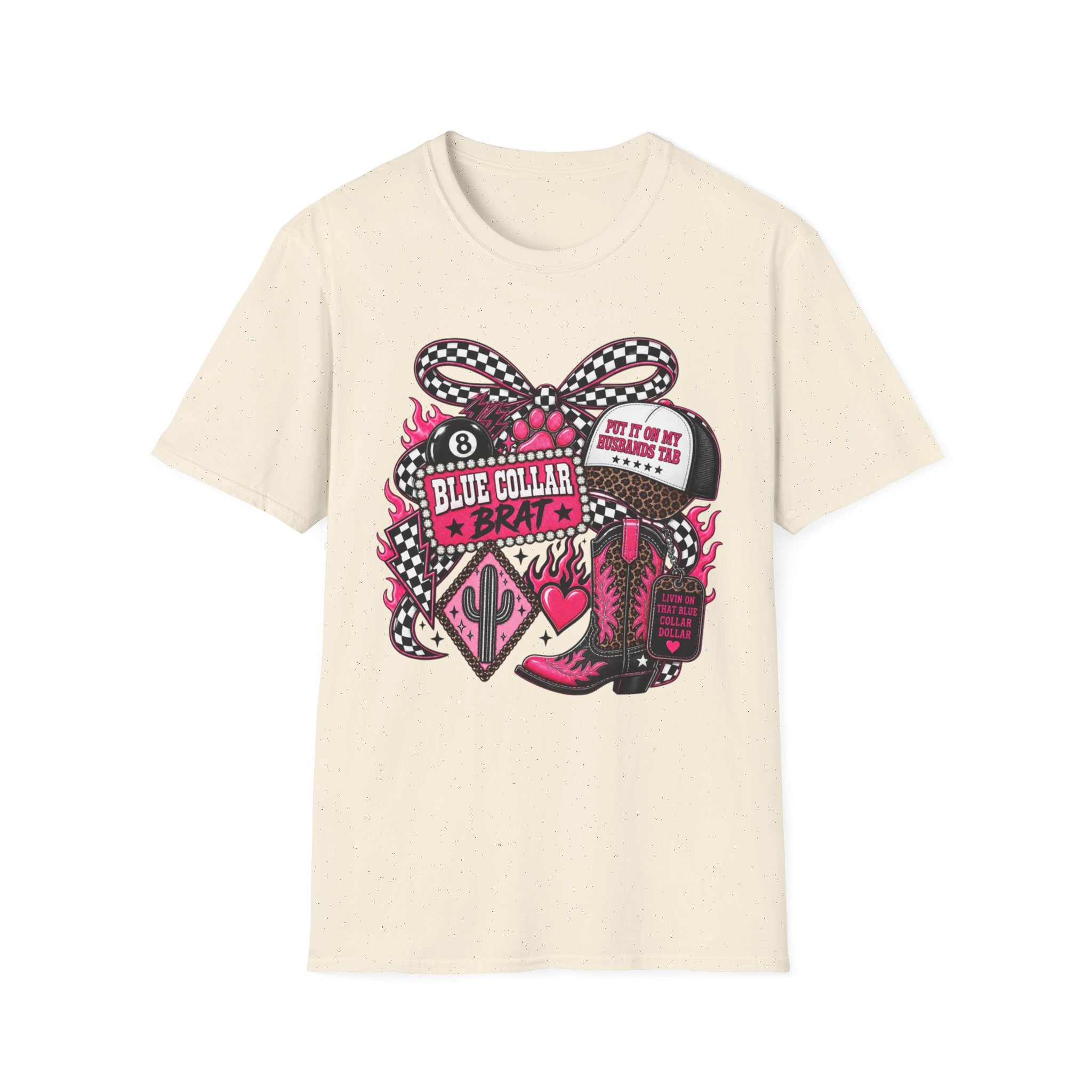 T-Shirt — Blue Collar Brat Graphic Tee (Pink Checkerboard Heart, 'Put On My Workin' Hat')