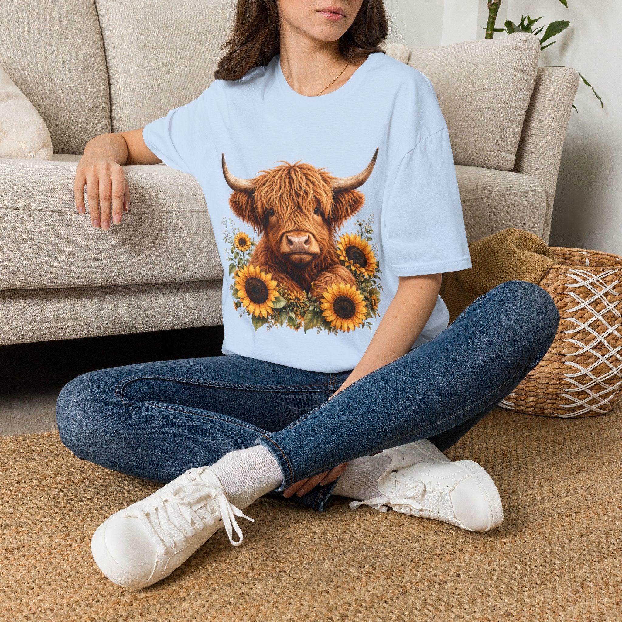 Highland Cow Sunflower T-Shirt — Cute Farm Animal Graphic Tee