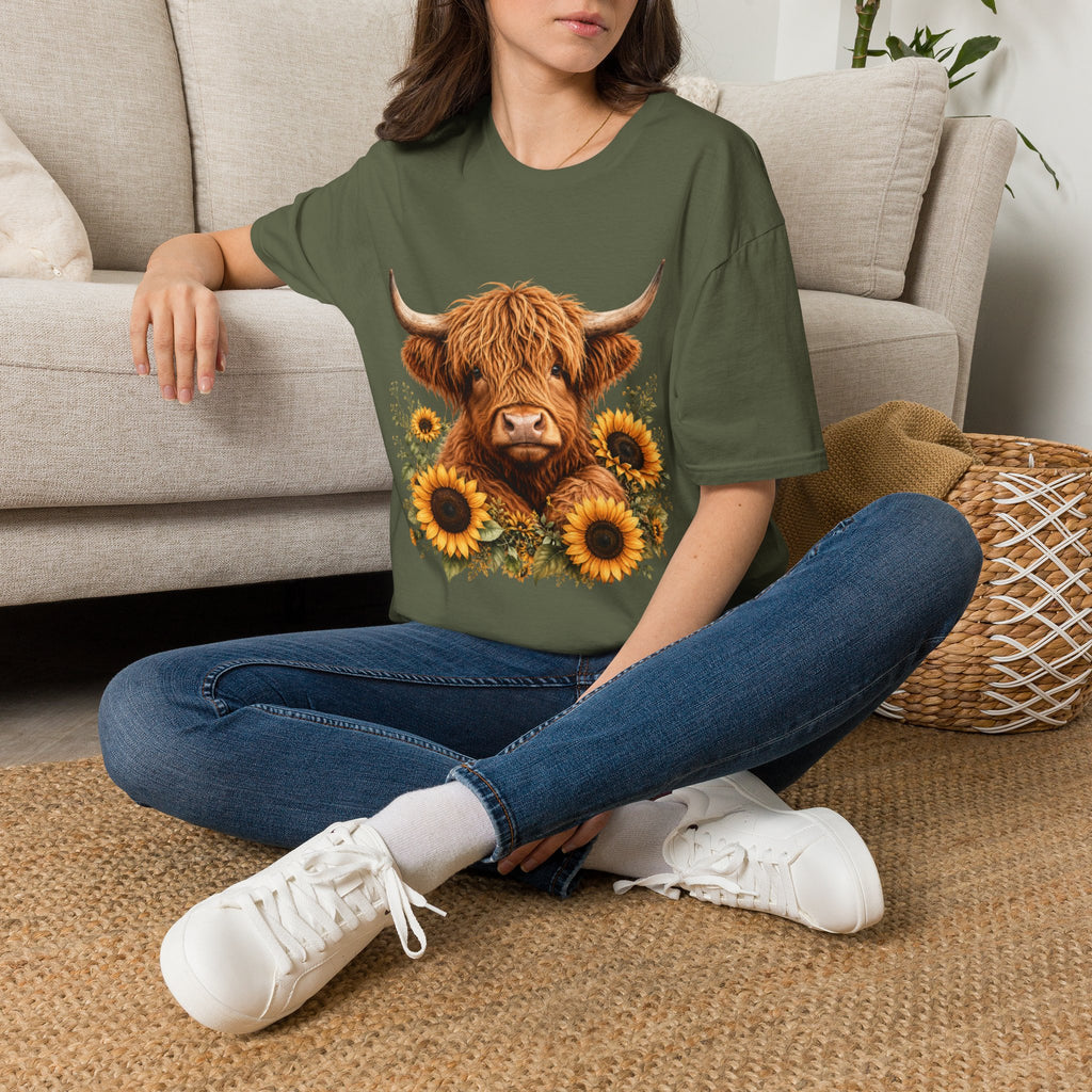 Highland Cow Sunflower T-Shirt — Cute Farm Animal Graphic Tee