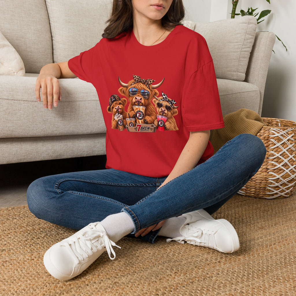Cow Trio Graphic T-Shirt — Cute Highland Cow Family with Sunglasses & Bandanas