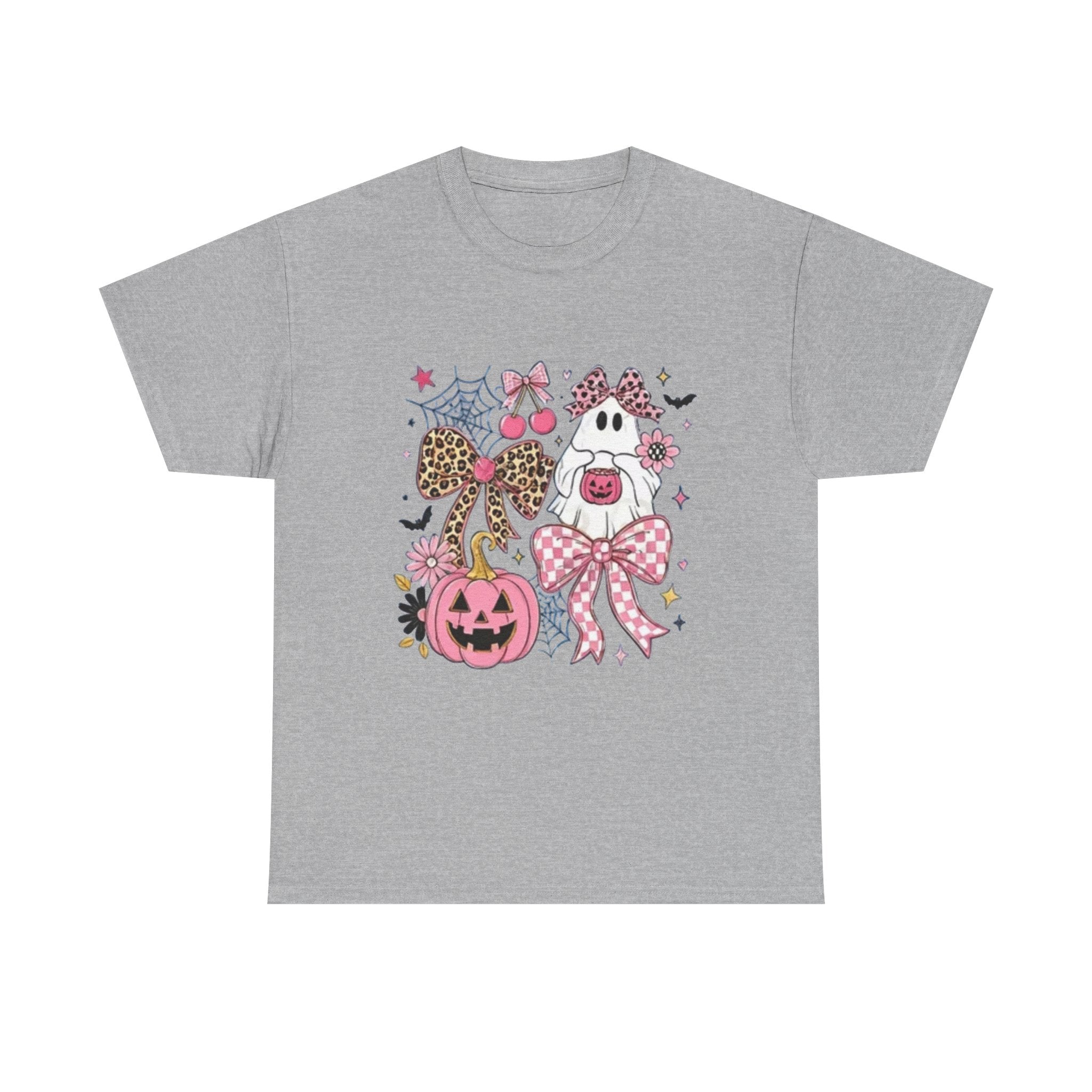 Halloween Pink Pumpkin Tee — Cute Leopard Bow Ghost Graphic Shirt