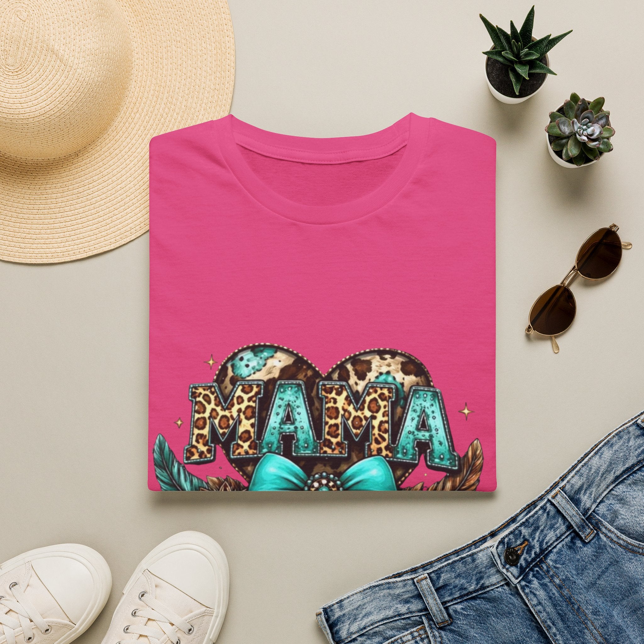 Mama Leopard Heart T-Shirt — Turquoise Bow Mother's Day Tee