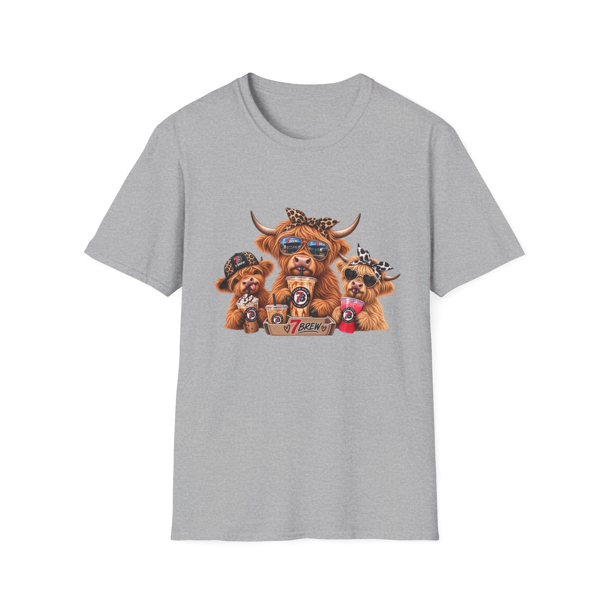 Cow Trio Graphic T-Shirt — Cute Highland Cow Family with Sunglasses & Bandanas