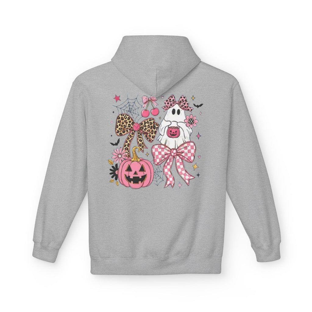 Pink Halloween Ghost Hoodie — Cute Pumpkin, Leopard Bow & Spiderweb Graphic