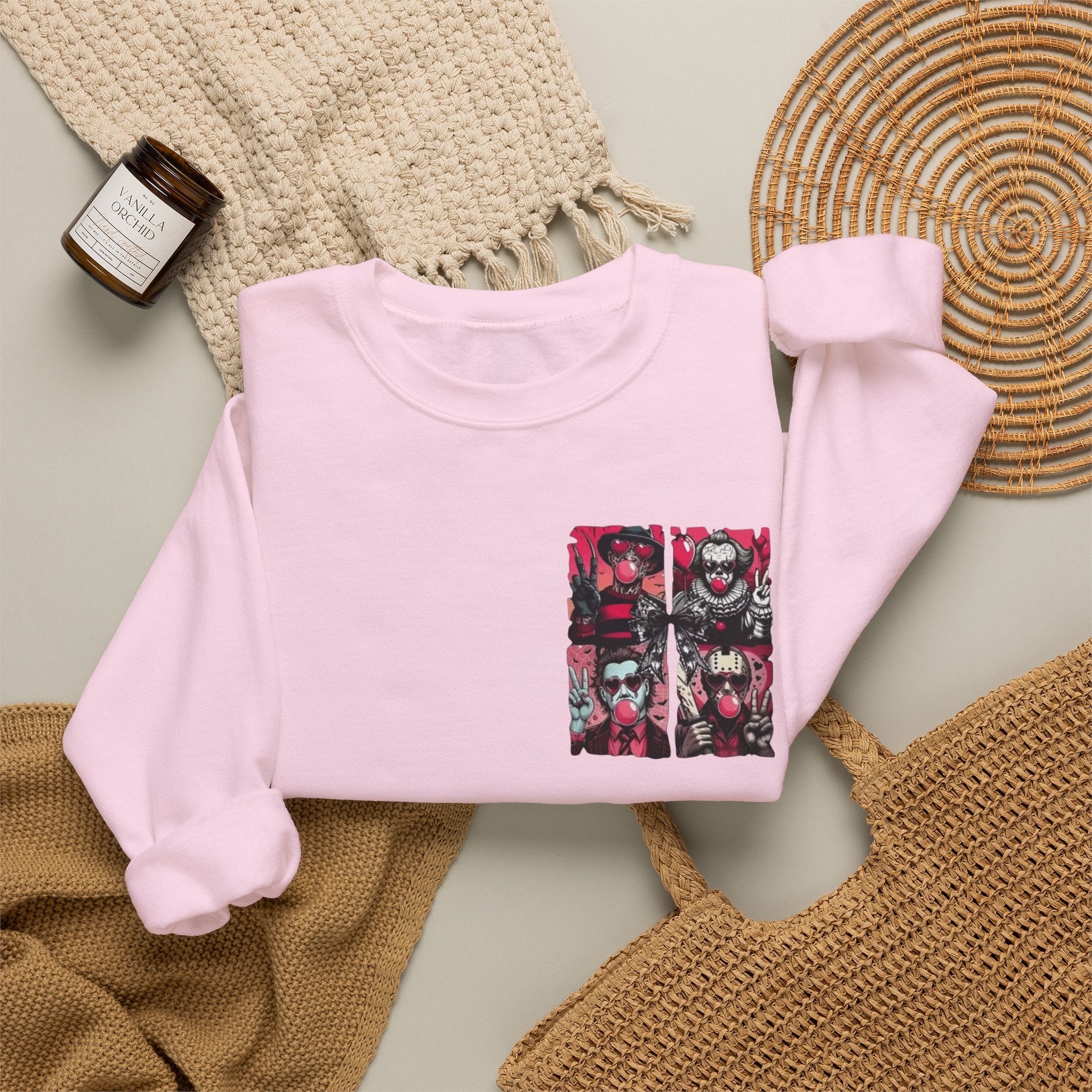 Clown Riot Crewneck Sweatshirt – Pink Horror Patchwork Graphic