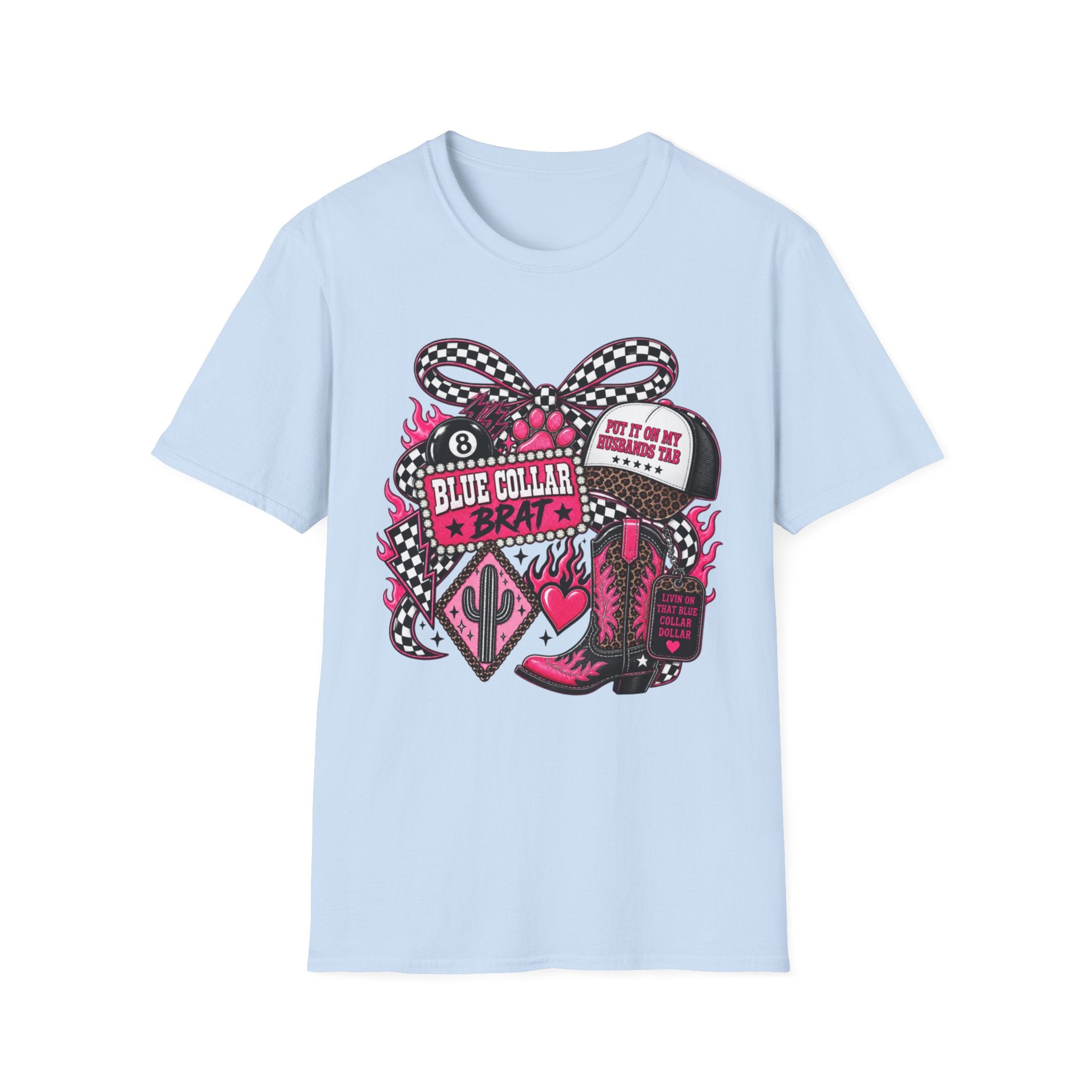 T-Shirt — Blue Collar Brat Graphic Tee (Pink Checkerboard Heart, 'Put On My Workin' Hat')