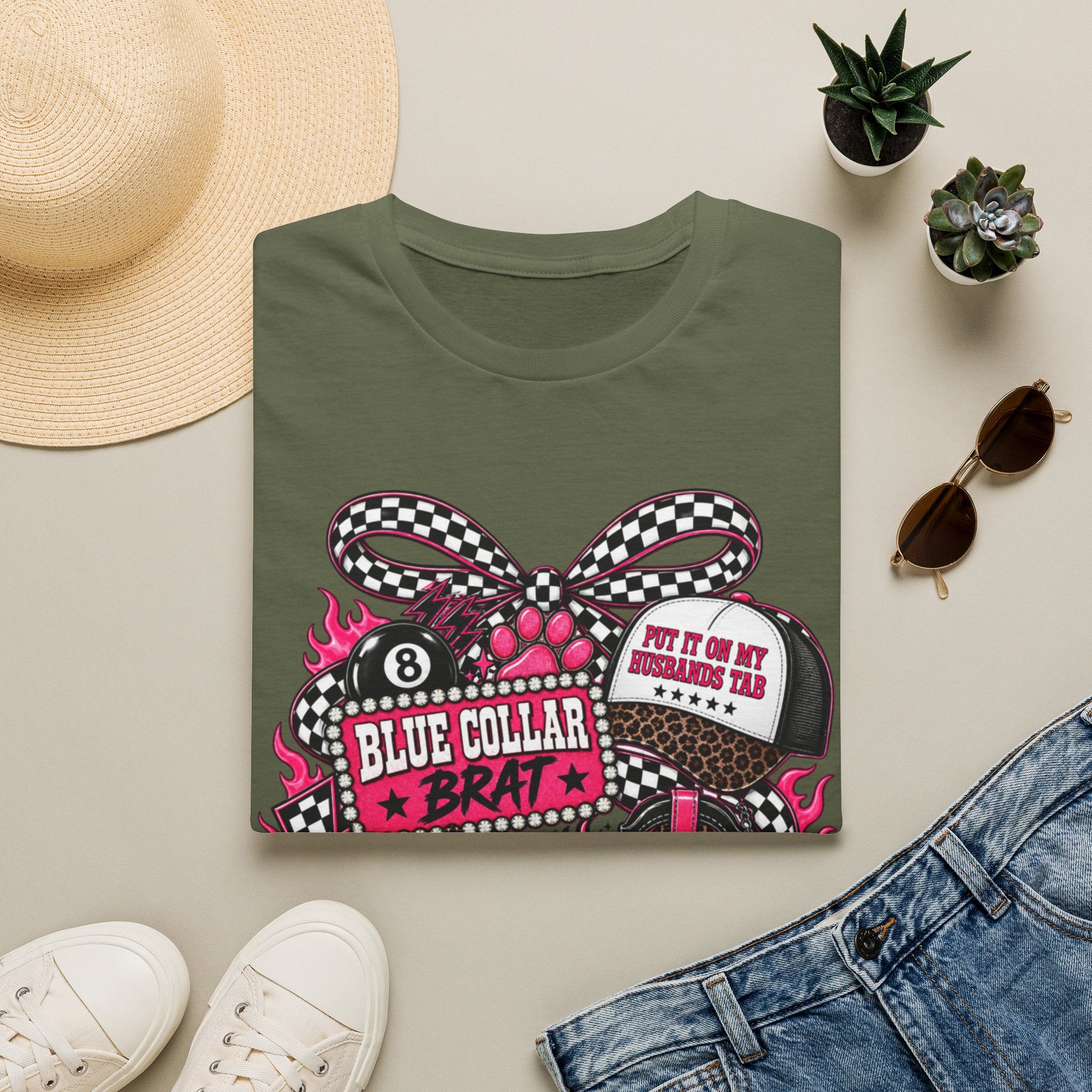 T-Shirt — Blue Collar Brat Graphic Tee (Pink Checkerboard Heart, 'Put On My Workin' Hat')
