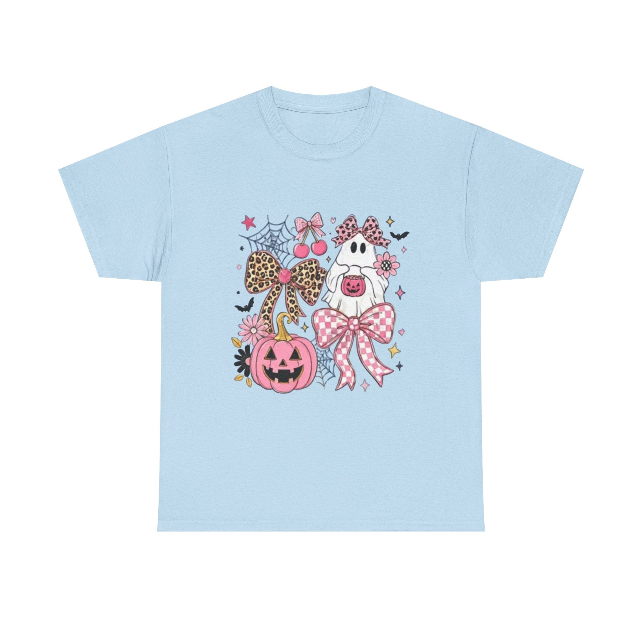 Halloween Pink Pumpkin Tee — Cute Leopard Bow Ghost Graphic Shirt