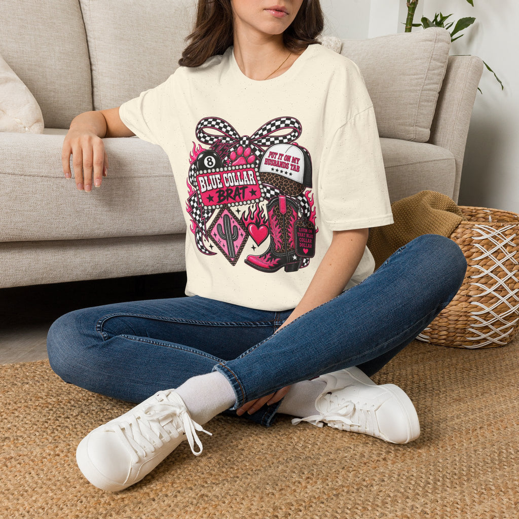 T-Shirt — Blue Collar Brat Graphic Tee (Pink Checkerboard Heart, 'Put On My Workin' Hat')