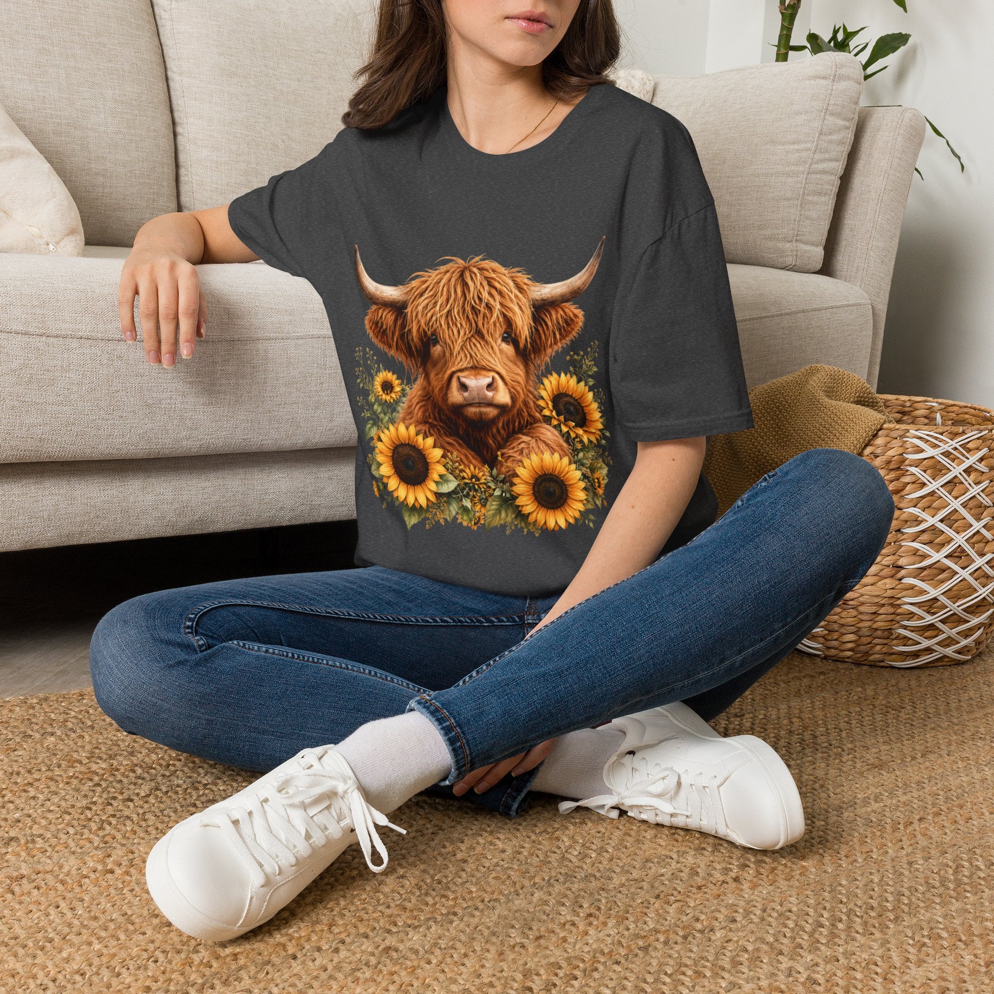 Highland Cow Sunflower T-Shirt — Cute Farm Animal Graphic Tee