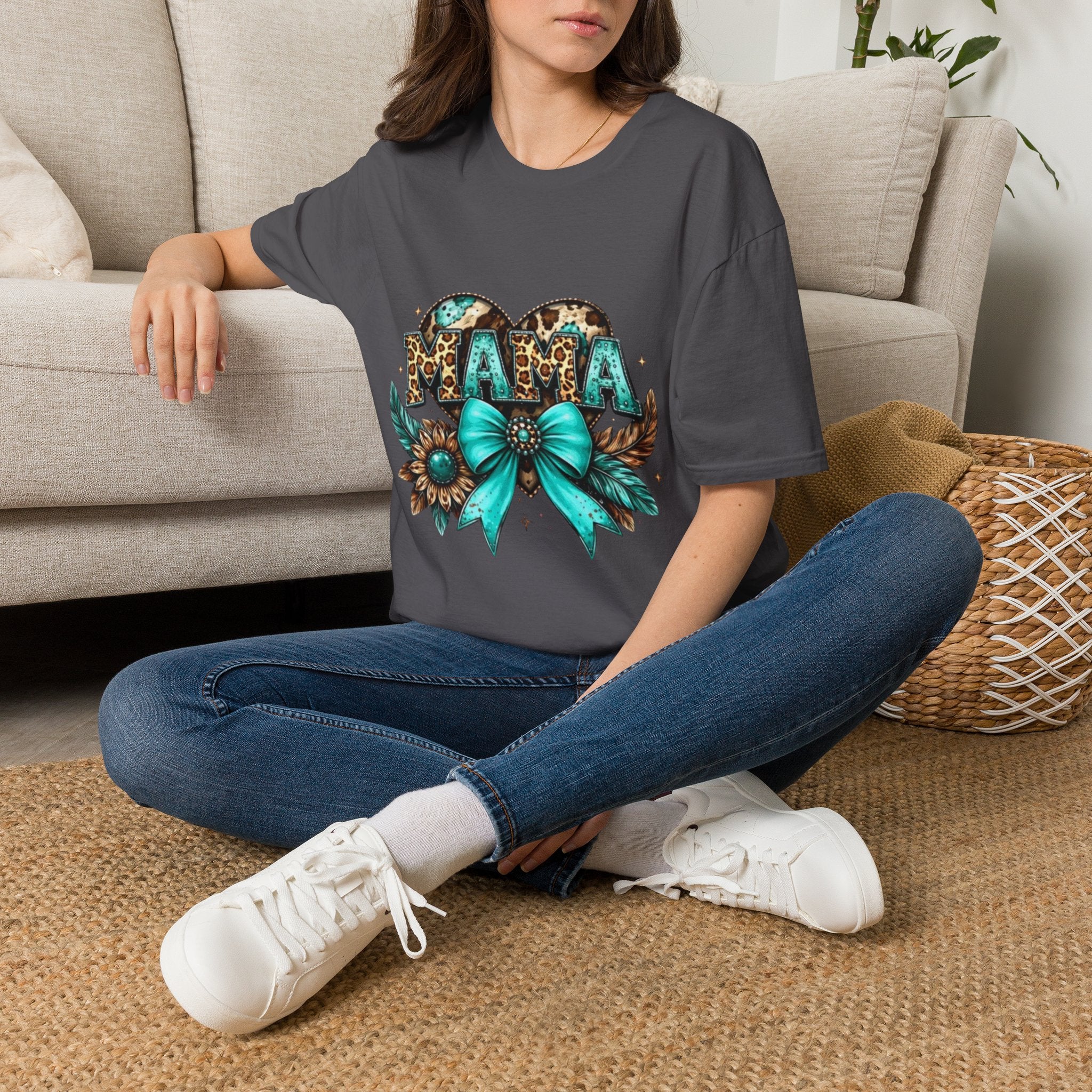 Mama Leopard Heart T-Shirt — Turquoise Bow Mother's Day Tee