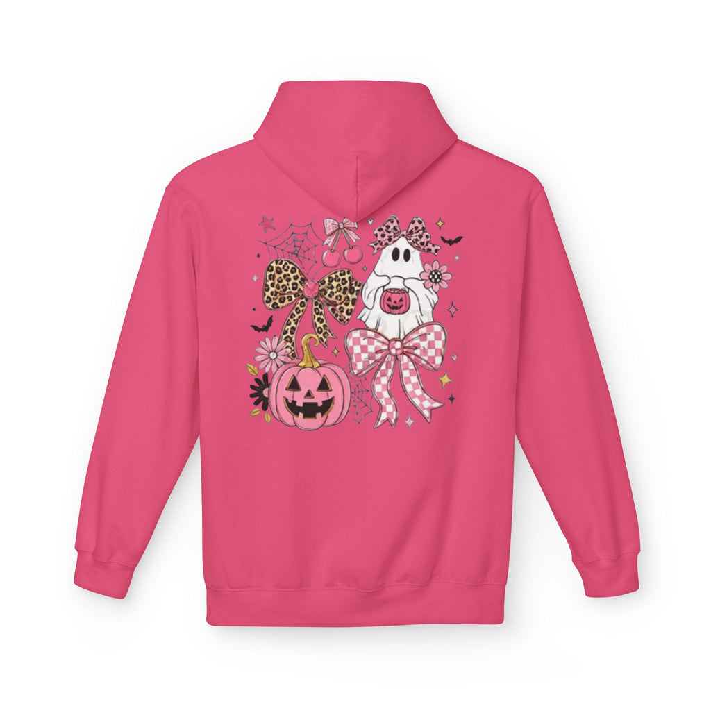 Pink Halloween Ghost Hoodie — Cute Pumpkin, Leopard Bow & Spiderweb Graphic