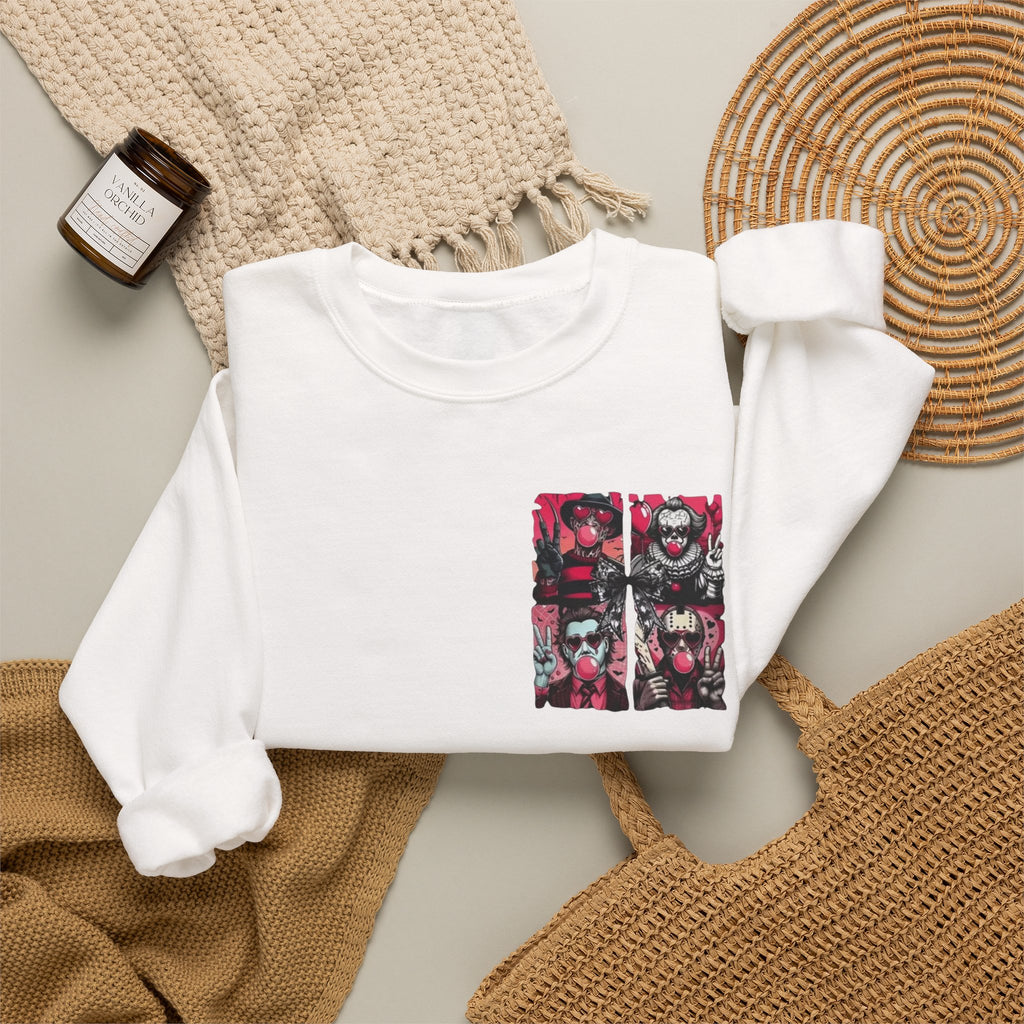 Clown Riot Crewneck Sweatshirt – Pink Horror Patchwork Graphic