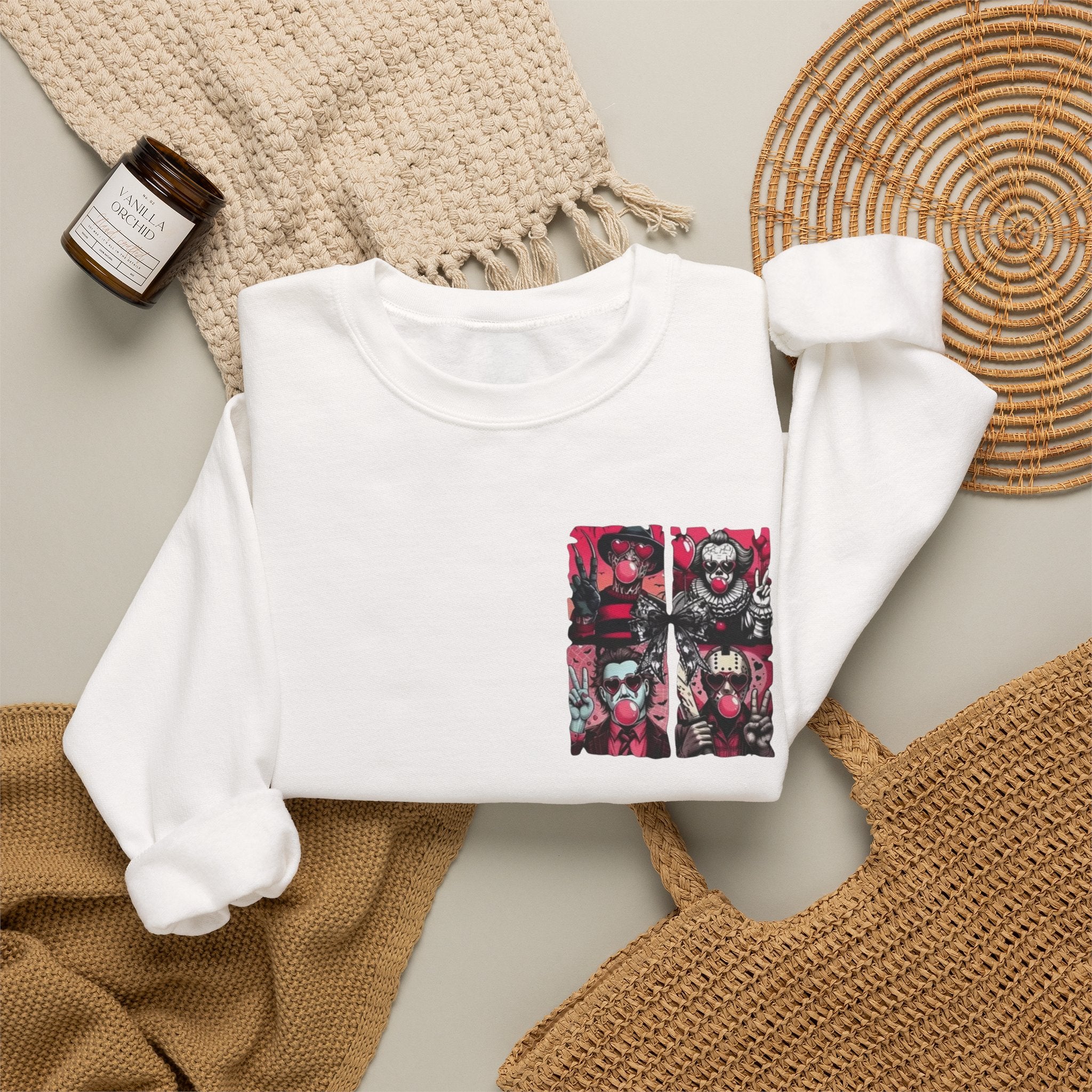 Clown Riot Crewneck Sweatshirt – Pink Horror Patchwork Graphic